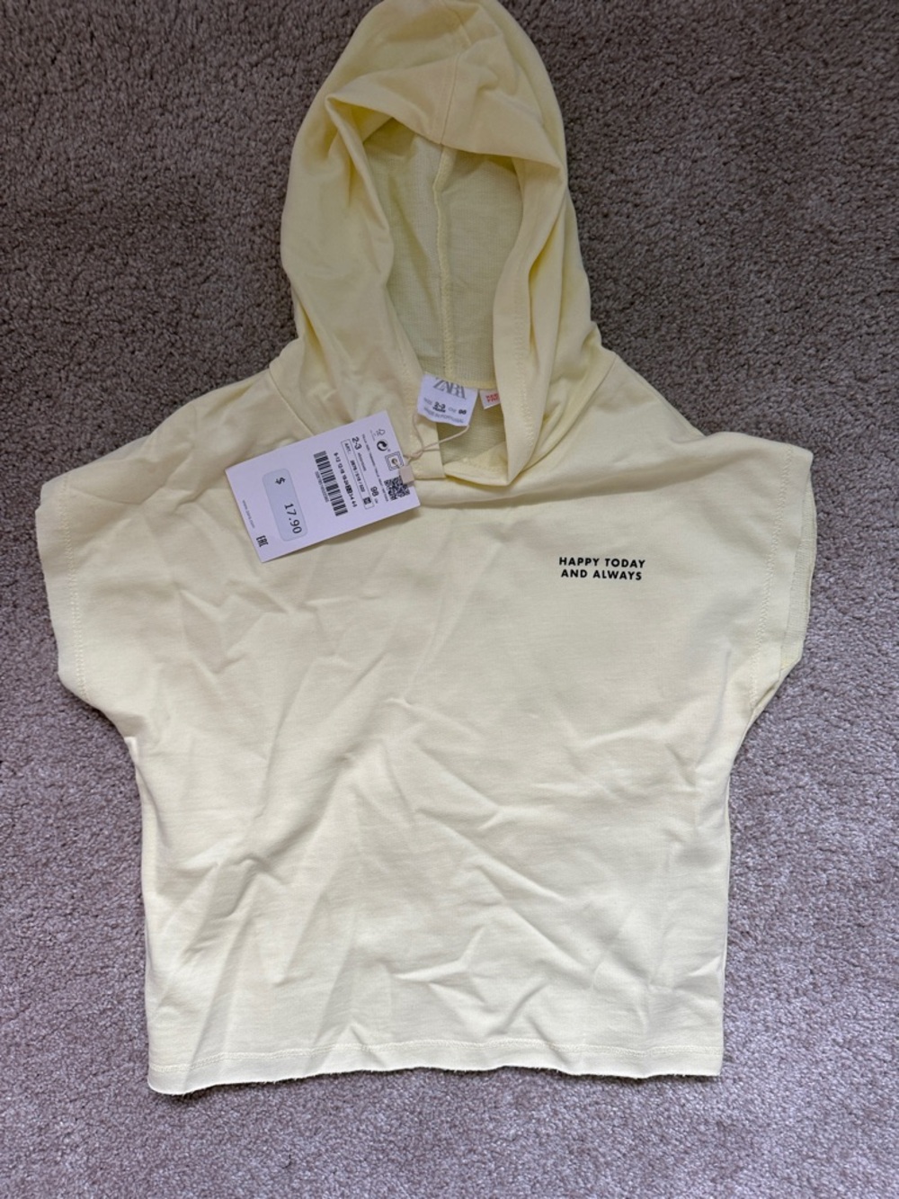 Zara Pale Yellow Hooded Cropped Tee with 'Happy Today and Always' Print